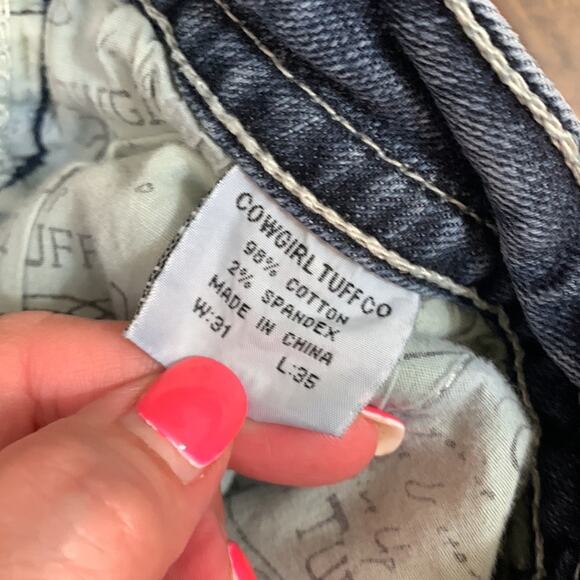 Cowgirl Tuff Co. Sequin Crosses Detail Fringe Hems Straight Leg Ankle Jeans - Picture 4 of 9